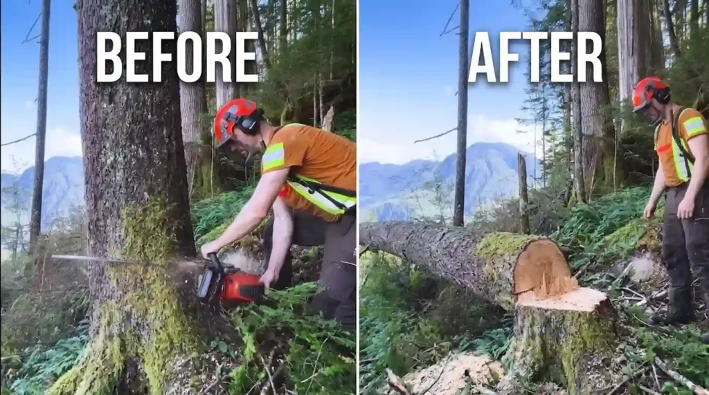 Fallen tree trunk on stump after cutting